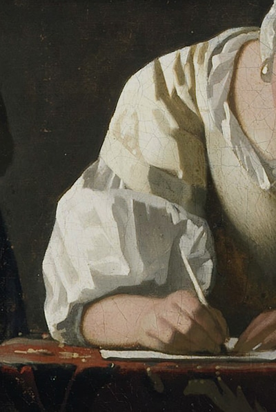 Cropped portion of a painting of a woman's hand that is writing on paper