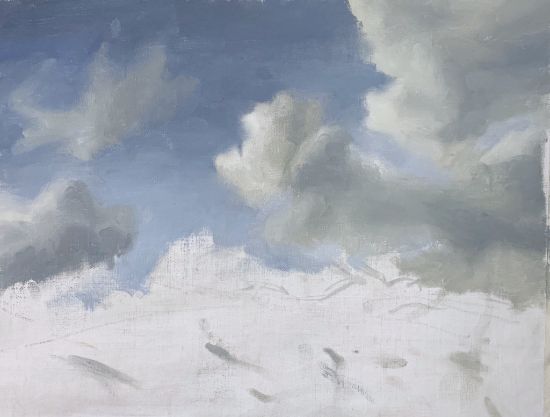 Adding small clouds to cloudy sky painting in progress