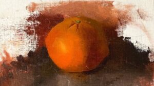 Demonstrating what colors make orange through a painting of an orange fruit still life