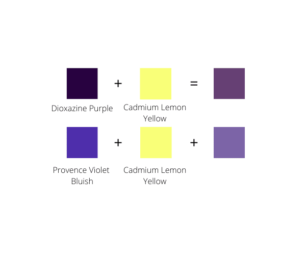 Color squares showing color mixing recipes for a light and muted shade of purple