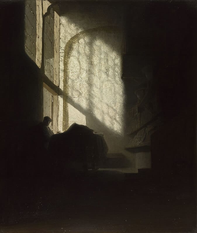 Painting of a person sitting in shadow with light coming through a large window