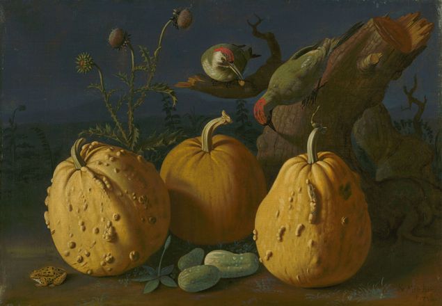 fall still life painting of three pumpkins and surrounding fall items