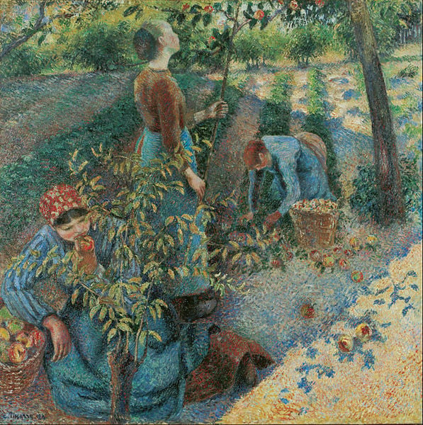 painting of women picking apples by pissaro