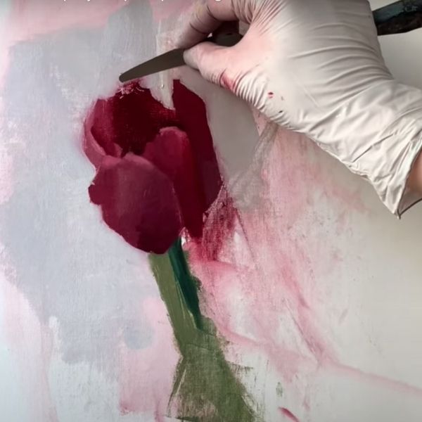 dark pink tulip oil painting ideas in process