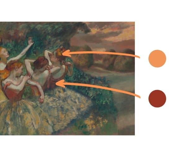 Warm temperature colors in color harmony in a Degas painting