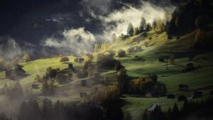 landscape painting composition of green hills and trees